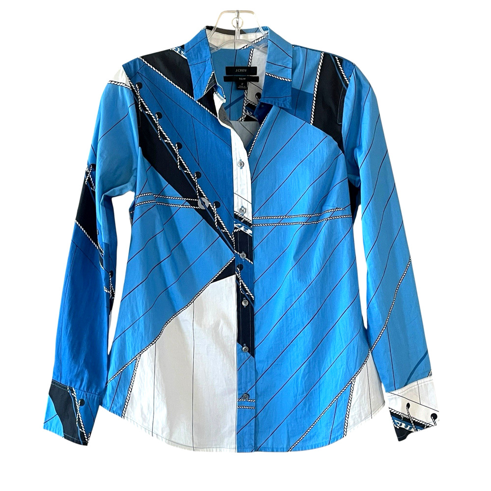 J.CREW Size 2 Slim Perfect Blue Ratti Regatta Cotton Button-Up Long Sleeve Shirt